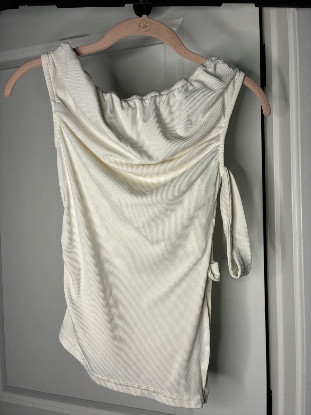 Cream One-Shoulder Ribbed Tank Top with Side Tie